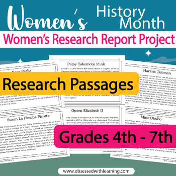 Preview of Women's History Month Research Project, 18 Passages, Graphic Organizer, Rubric