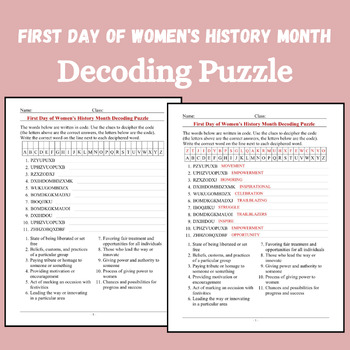 Preview of Women's History Month Vocabulary Decoding Cryptograms Puzzle