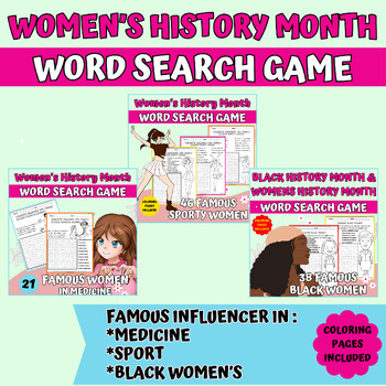 Preview of Women's History Month Word Search Game; Famous Womens In Medicine, Sport, Black