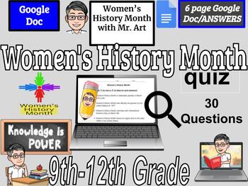 Preview of Women's History Month quiz- 7th Grade - 30 True/False Questions with Answers