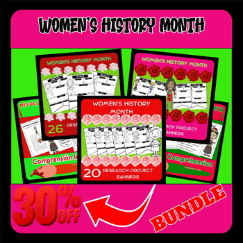Preview of Women's History Month reading comprehension Research Project banners  bundle
