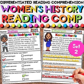 Preview of Women's History Reading Comprehension Differentiated Worksheet Activities Set 2