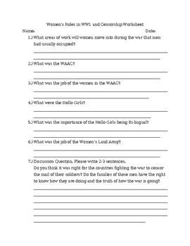 Preview of Women's Roles in WWI Worksheet