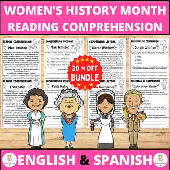 Preview of Women’s history month reading comprehension passages in English & Spanish bundle
