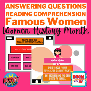 Preview of Women History Month BOOM CARD Speech Therapy reading answering question NO PRINT