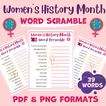 Preview of Womens History Month Word scramble Crossword word searches activities middle 7th