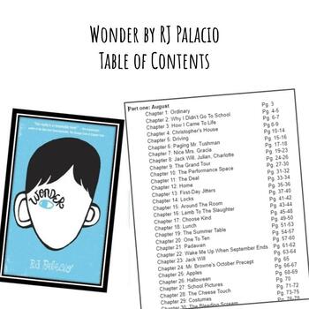 Wonder (By RJ Palacio) Table of Contents by Cassandra Creates