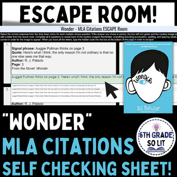 Preview of Wonder - MLA Citation | ESCAPE ROOM Self Checking Worksheet
