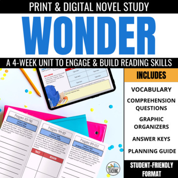 Preview of Wonder Novel Study Book Unit: Study Guide, Comprehension Questions & Activities