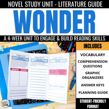 Preview of Wonder by RJ Palacio Novel Study Guide: Comprehension Questions & Vocabulary