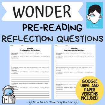 Preview of Wonder Pre-Reading Reflections