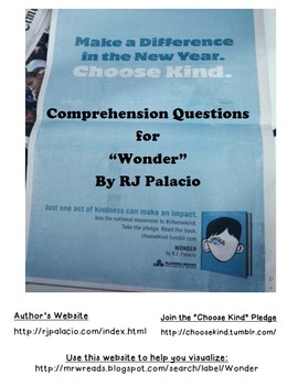 Preview of Wonder RJ Palacio Comprehension Questions Novel Study