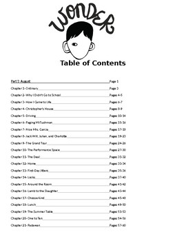 Preview of Wonder Table of Contents