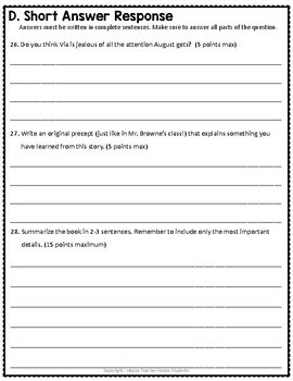 wonder test wonder book quiz w answer key 4 page wonder assessment