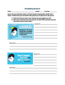 Preview of Wonder by R.J. Palacio Pre-Reading Activities