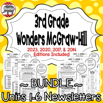 Preview of Wonders 2023, 2020, 2017 McGraw Hill 3rd Grade Newsletters Units 1-6 **Bundle**