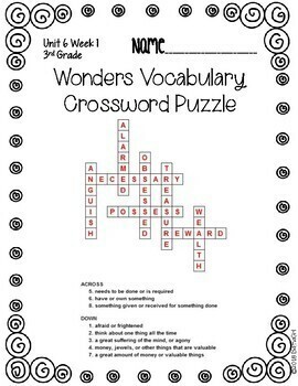 Wonders McGraw Hill 3rd Grade Vocabulary Crossword Puzzles Unit 6 by