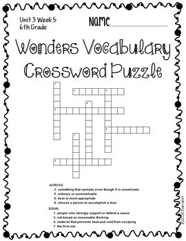 Wonders McGraw Hill 6th Grade Vocabulary Crossword Puzzles Unit 3 by