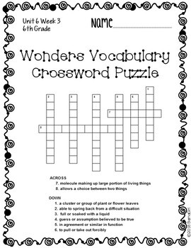 Wonders McGraw Hill 6th Grade Vocabulary Crossword Puzzles Unit 6 by