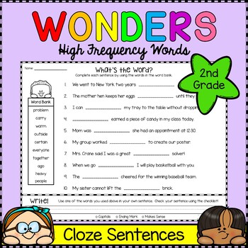 Preview of Wonders Sight Words: Cloze Sentences - Second Grade High Frequency Words