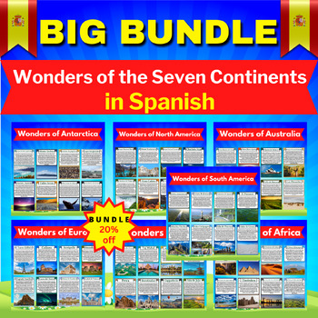 Preview of Wonders of the Seven Continents. Big Printable Flashcards Bundle In Spanish