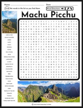 Wonders of the World Machu Picchu Word Search Puzzle TPT