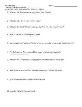 Preview of Wondrium Atomic Structure Video Worksheet