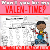 Telling Time to the Hour and Half Hour Worksheets for Valentine's
