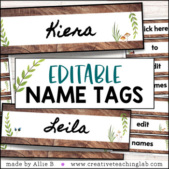 Preview of Editable Student Desk Name Tags Wood Boho Nature Classroom Decor Template