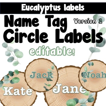 Preview of Wood Round Circle Slice With Eucalyptus Name Tag Labels