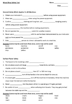 Wood Shop Safety Test With Answer Key By Scitech Tpt