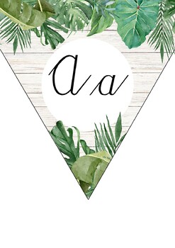 Preview of Wood and tropical leaves cursive alphabet bunting (RSA)