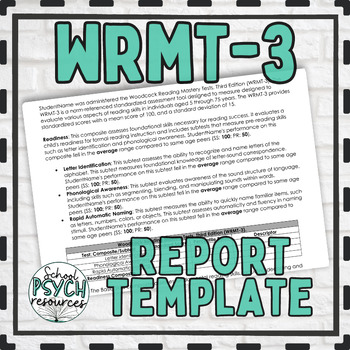 Preview of Woodcock Reading Mastery Test WRMT3 Report Template Psych Special Ed Reading