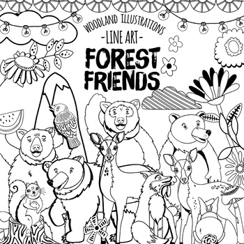 Woodland Animal Black Line Art Forest Friends Clipart Doodles Tpt