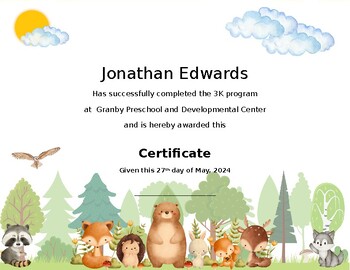 Preview of Woodland Animal Forest Themed Preschool Diploma / Certificate 3k 4k 5k   Theme