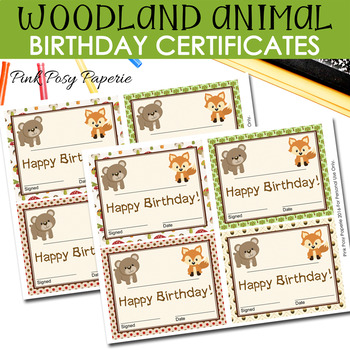Woodland Animal Theme Birthday Certificates by Pink Posy Paperie