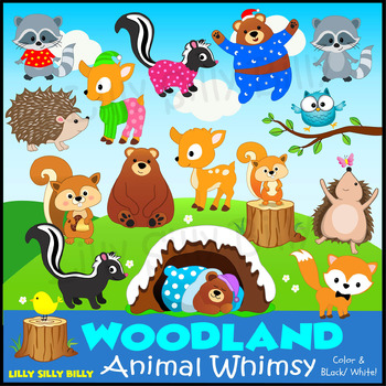 Preview of Woodland Animal Whimsy - B/W & Color clipart illustrations.  {Lilly Silly Billy}