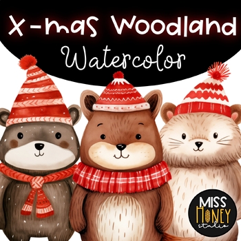 Preview of Woodland Animals Christmas Watercolor Clipart Illustrations