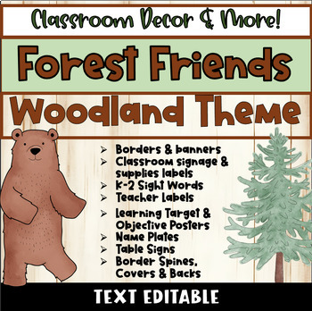 Preview of Forest Friends Woodland Theme Classroom Decor **PDF & TEXT EDITABLE Versions**