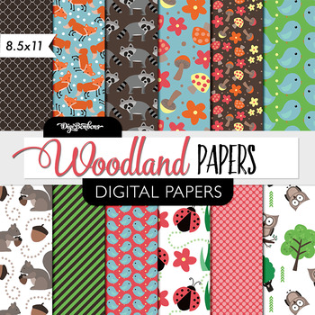 Preview of Woodland Animals Digital Paper - Forest Animals - 8.5 x 11 Paper size- Owl, bear