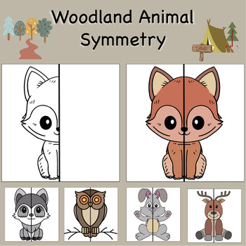 Preview of Woodland Animals Lines of Symmetry Drawing Activity - Fun End of Year Math Art