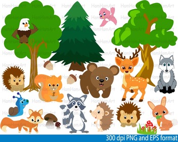 Preview of Woodland Animals clip art Teacher forest bear deer bunny tree bird snail -086-