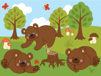 Woodland Bears Clipart - Digital Vector Bear, Mushroom, Tree, Forest