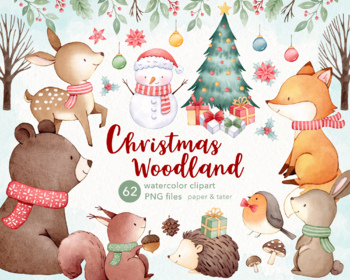 Preview of Woodland Christmas Watercolor Clipart, Cute Xmas Winter Animals PNG