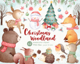 Woodland Christmas Watercolor Clipart, Cute Xmas Winter An