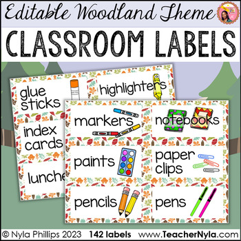 Preview of Woodland Classroom Supply Labels with Pictures - Editable