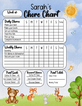 Preview of Woodland Creature Chore Chart, Printable Editable Daily & Weekly Kids Chore Resp