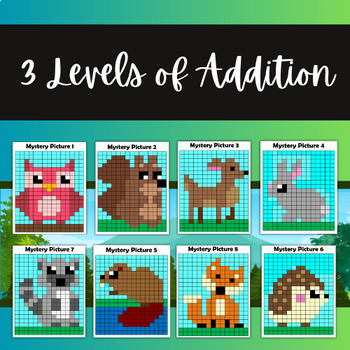 Preview of Woodland Creatures - Addition Mystery Pictures (8 PACK)