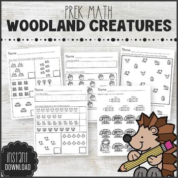 Preview of Woodland Creatures Math Worksheets, Practice Counting Numbers 1-10, PreK/K