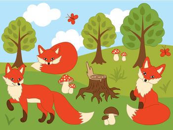 Woodland Foxes Clipart Digital Vector Fox Mushroom Tree Forest Clip Art